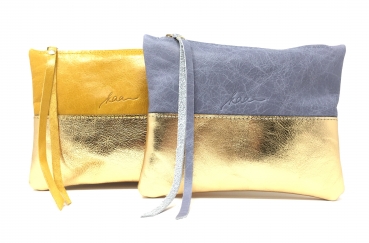 Ledertasche Clutch Etui aus zwei Ledern "BLUESKY/GOLD"