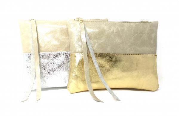Clutch Lederetui Kosmetiktasche Utensilo "CREME/GOLD"